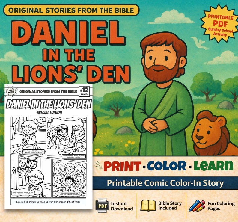 Daniel in the Lions’ Den Bible Comic Colouring Page: listing photo