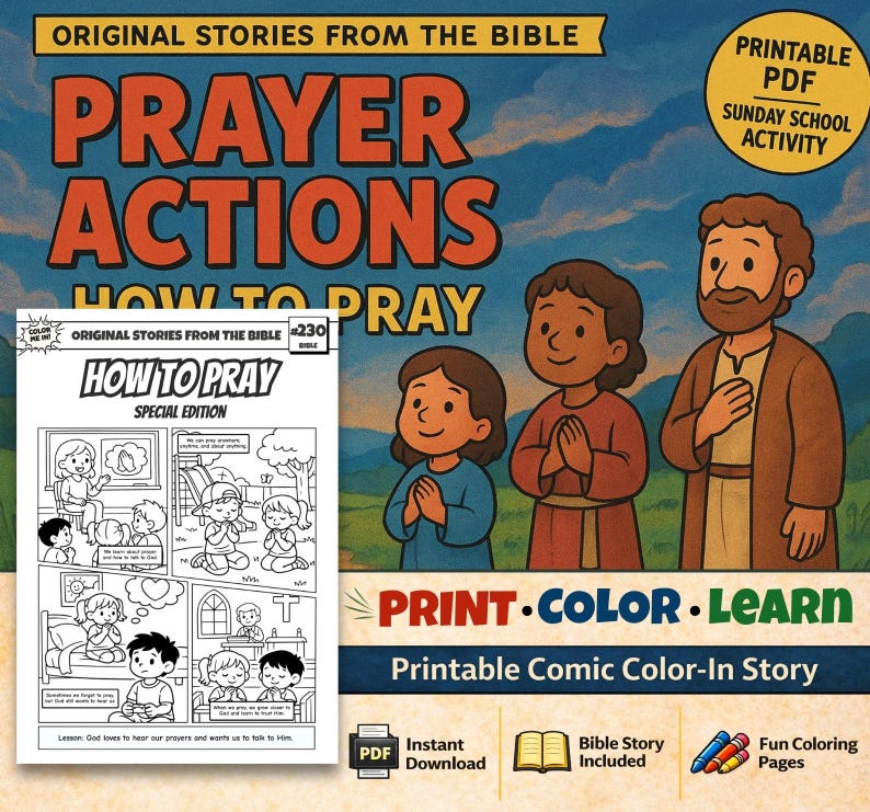 Prayer Actions / How to Pray Bible Comic Colouring Page for Kids: listing photo