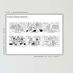 May include: Black and white cutout story scenes, ready to print. The scenes include text such as "Israel is defeated", "Sin is discovered", "Achan confesses", "Judgment follows", "Sin is removed", and "God restores victory". The print is A4 size.