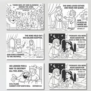 Puede incluir: Ilustraciones en blanco y negro que representan escenas del Libro de Ester. Las im&aacute;genes muestran varias escenas con personajes como un rey y una reina, acompa&ntilde;adas de texto b&iacute;blico. El estilo es sencillo y de dibujos animados.