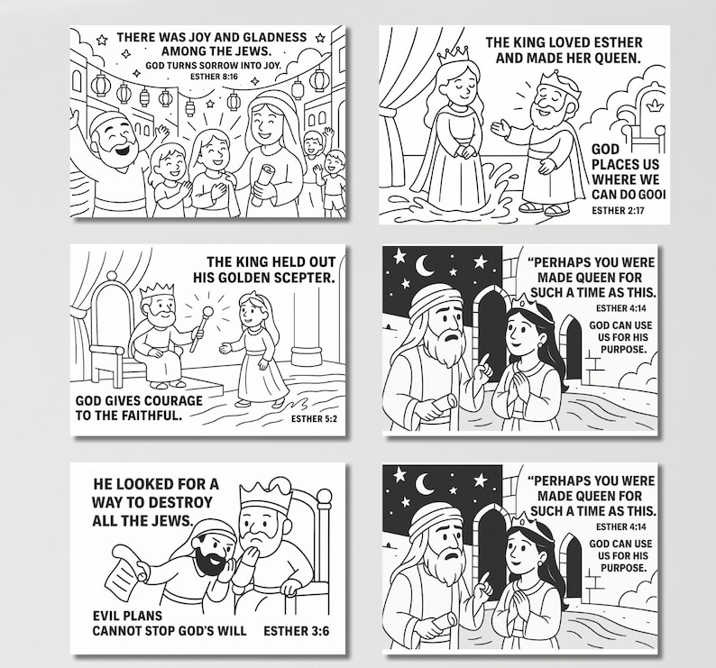 Puede incluir: Ilustraciones en blanco y negro que representan escenas del Libro de Ester. Las im&aacute;genes muestran varias escenas con personajes como un rey y una reina, acompa&ntilde;adas de texto b&iacute;blico. El estilo es sencillo y de dibujos animados.