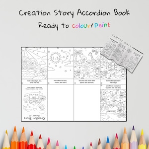 Puede incluir: Un libro acordeón de la historia de la creación en blanco y negro, listo para colorear o pintar. El libro presenta ilustraciones del sol, la luna, animales y personas. El texto incluye "Dios hace la luz, el cielo, la tierra y el mar" y "Dios hace a las personas a su imagen".