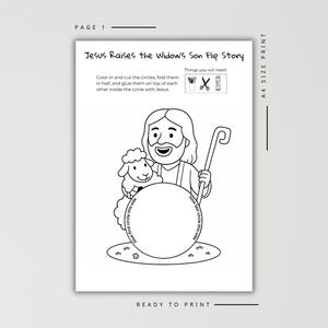 Puede incluir: Hoja de actividades imprimible en blanco y negro titulada "Jes&uacute;s resucita al hijo de la viuda Flip Story". La ilustraci&oacute;n presenta a Jes&uacute;s con una oveja y un bast&oacute;n, con instrucciones para colorear, cortar y pegar c&iacute;rculos. Incluye una lista de suministros necesarios.
