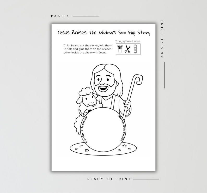 Puede incluir: Hoja de actividades imprimible en blanco y negro titulada "Jes&uacute;s resucita al hijo de la viuda Flip Story". La ilustraci&oacute;n presenta a Jes&uacute;s con una oveja y un bast&oacute;n, con instrucciones para colorear, cortar y pegar c&iacute;rculos. Incluye una lista de suministros necesarios.
