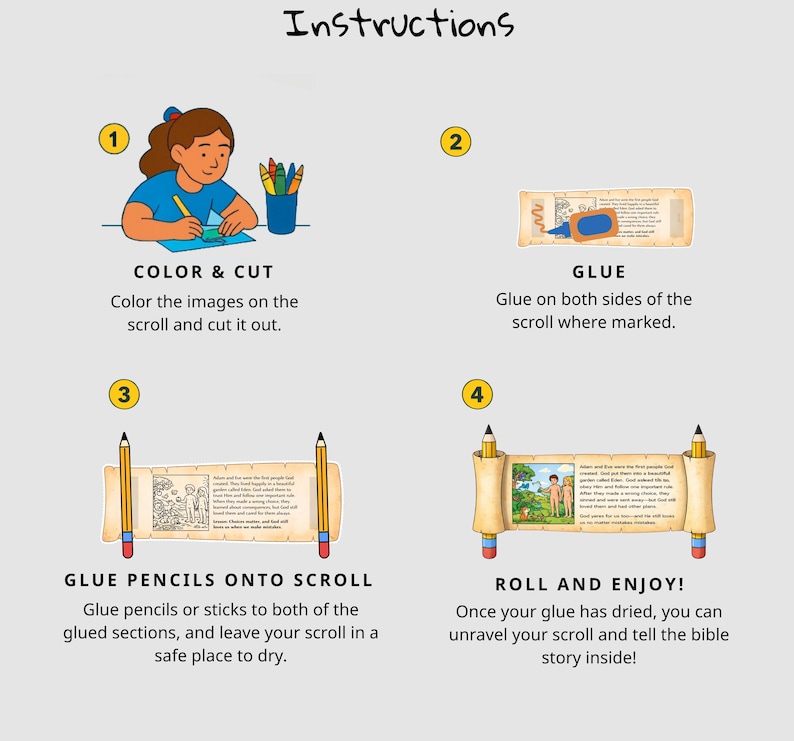 May include: Illustrated instructions for a children's craft project. The steps include coloring, cutting, gluing, and rolling a scroll. The text includes "Color & Cut", "Glue", "Glue Pencils onto Scroll", and "Roll and Enjoy!"