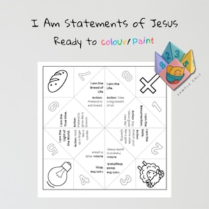 以下が含まれることがあります： 「I Am Statements of Jesus」と「Ready to colour/Paint」のテキストが入った、白黒印刷可能なアクティビティシート。シートには、ステートメントとアクションを備えたフォーチュンテラーのデザインが施されています。カラフルなフォーチュンテラーのサンプルが隅にあります。