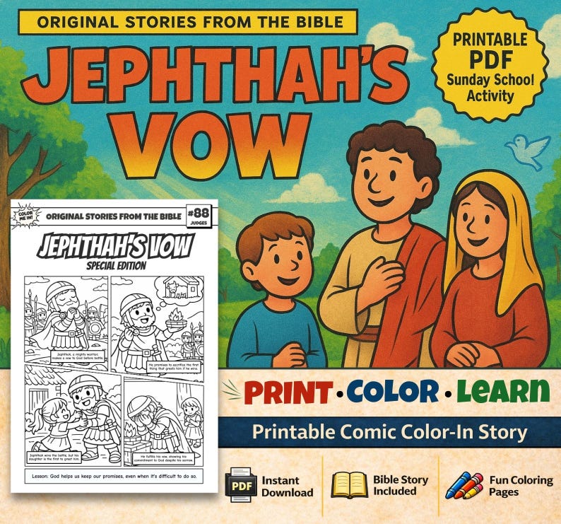 Jephthah’s Vow Bible Comic Colouring Page: listing photo