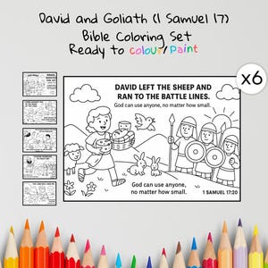 May include: A Bible coloring set featuring the story of David and Goliath, with the text "David and Goliath (I Samuel 17)" and "Bible Coloring Set Ready to colour/Paint". The set includes multiple coloring pages with illustrations and text, perfect for children.
