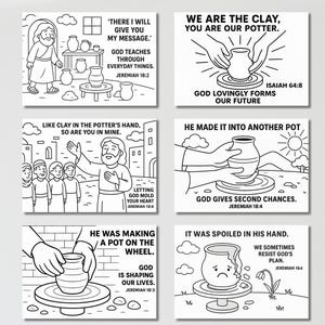 Puede incluir: Una colecci&oacute;n de seis ilustraciones en blanco y negro que representan escenas b&iacute;blicas relacionadas con la alfarer&iacute;a. Cada imagen incluye texto de Jerem&iacute;as e Isa&iacute;as, con temas sobre las ense&ntilde;anzas de Dios, la formaci&oacute;n de vidas y las segundas oportunidades. Las ilustraciones presentan personas, ollas y el torno del alfarero.