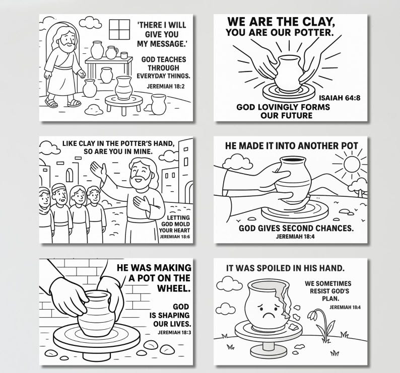 Puede incluir: Una colecci&oacute;n de seis ilustraciones en blanco y negro que representan escenas b&iacute;blicas relacionadas con la alfarer&iacute;a. Cada imagen incluye texto de Jerem&iacute;as e Isa&iacute;as, con temas sobre las ense&ntilde;anzas de Dios, la formaci&oacute;n de vidas y las segundas oportunidades. Las ilustraciones presentan personas, ollas y el torno del alfarero.