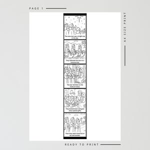 May include: Black and white illustrated print with a religious theme. The print features a series of panels depicting the story of the wise men, with text including "The wise men saw a bright star in the sky" and "READY TO PRINT."