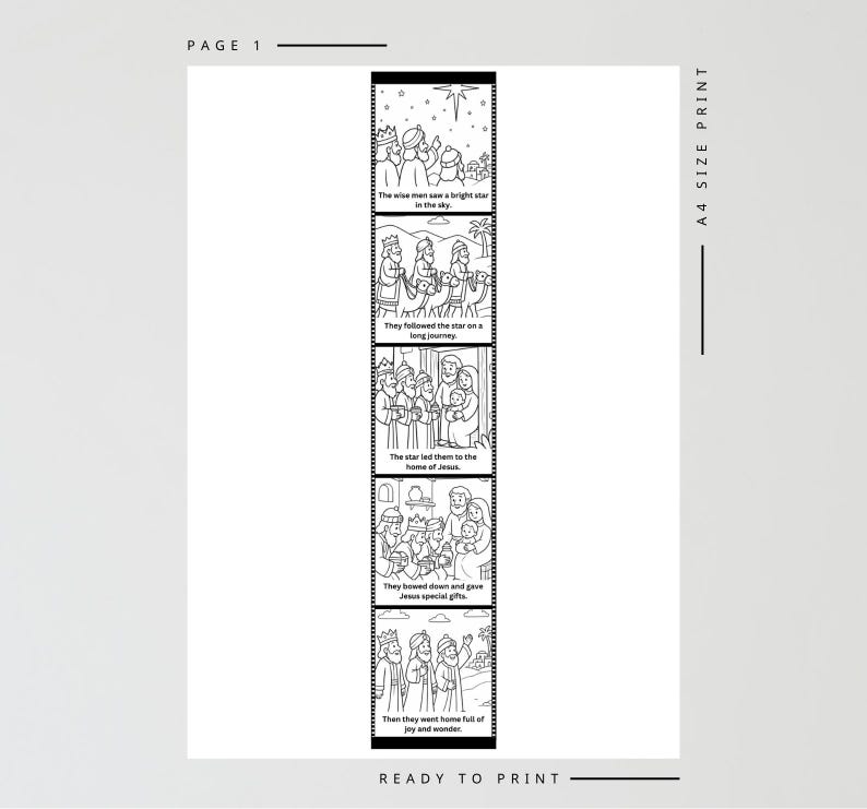 May include: Black and white illustrated print with a religious theme. The print features a series of panels depicting the story of the wise men, with text including "The wise men saw a bright star in the sky" and "READY TO PRINT."