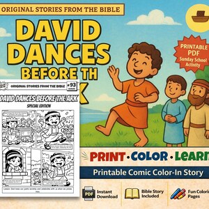 May include: An illustrated children's book cover titled "David Dances Before Th" from "Original Stories From The Bible". The image shows a cartoon of David dancing, with other figures, and a comic book page. The text "Print Color Learn" is also visible.