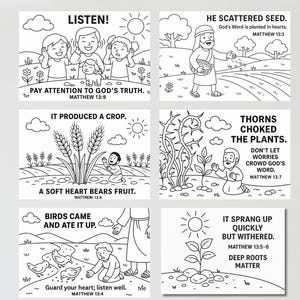 May include: Black and white line art illustrations depicting scenes from the Bible, including people listening, a man scattering seeds, and plants growing. Each image has text from Matthew, such as "Listen!" and "It produced a crop."