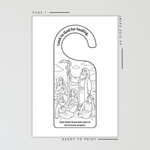 Pode incluir: Cabide de porta a preto e branco com uma ilustra&ccedil;&atilde;o b&iacute;blica. O texto "Look to God for healing" est&aacute; no topo, e "God heals those who look at the bronze serpent" est&aacute; na parte inferior. A imagem est&aacute; pronta para imprimir, tamanho A4.