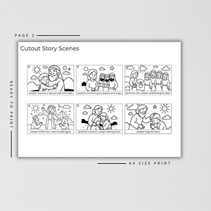 Puede incluir: Escenas de historias recortadas ilustradas en blanco y negro. Las escenas representan una historia b&iacute;blica, incluyendo a Jos&eacute; recibiendo un abrigo, la envidia de los hermanos, Jos&eacute; siendo vendido y el perd&oacute;n. El texto incluye "Cutout Story Scenes" y "A4 SIZE PRINT."
