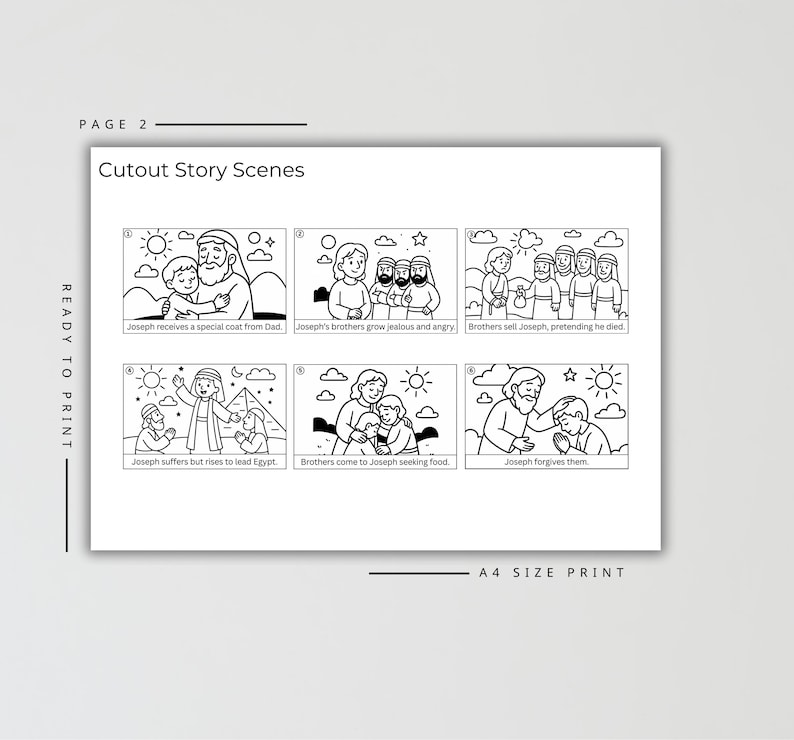 Puede incluir: Escenas de historias recortadas ilustradas en blanco y negro. Las escenas representan una historia b&iacute;blica, incluyendo a Jos&eacute; recibiendo un abrigo, la envidia de los hermanos, Jos&eacute; siendo vendido y el perd&oacute;n. El texto incluye "Cutout Story Scenes" y "A4 SIZE PRINT."