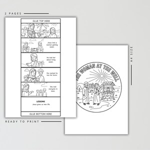 Puede incluir: Dos p&aacute;ginas para colorear listas para imprimir. Una p&aacute;gina presenta una tira c&oacute;mica con escenas de la historia de "La mujer en el pozo". La otra p&aacute;gina tiene una ilustraci&oacute;n circular del pozo.