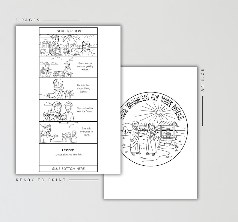 Puede incluir: Dos p&aacute;ginas para colorear listas para imprimir. Una p&aacute;gina presenta una tira c&oacute;mica con escenas de la historia de "La mujer en el pozo". La otra p&aacute;gina tiene una ilustraci&oacute;n circular del pozo.