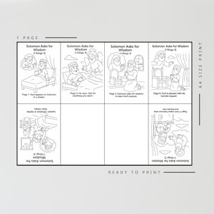 May include: Black and white printable colouring page titled "Solomon Asks for Wisdom" with illustrations from 1 Kings 3. The page includes text and images depicting scenes from the biblical story, ready to print.