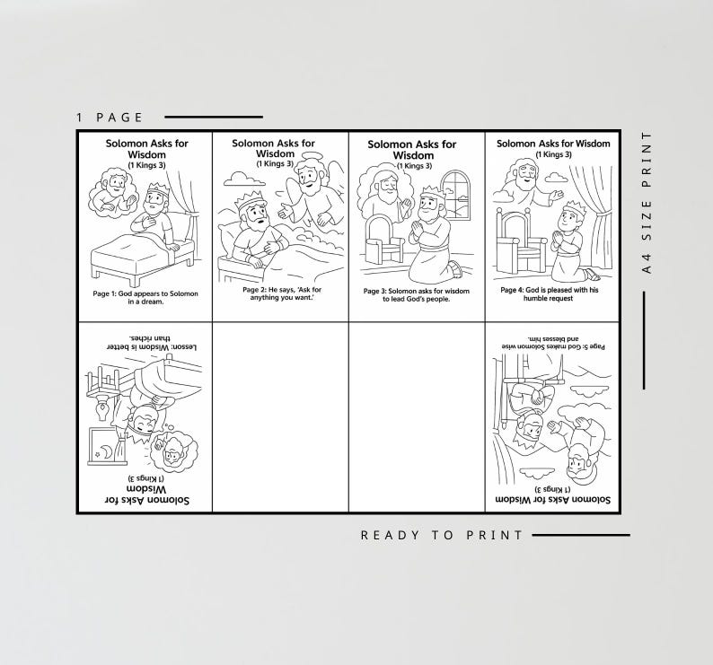 May include: Black and white printable colouring page titled "Solomon Asks for Wisdom" with illustrations from 1 Kings 3. The page includes text and images depicting scenes from the biblical story, ready to print.