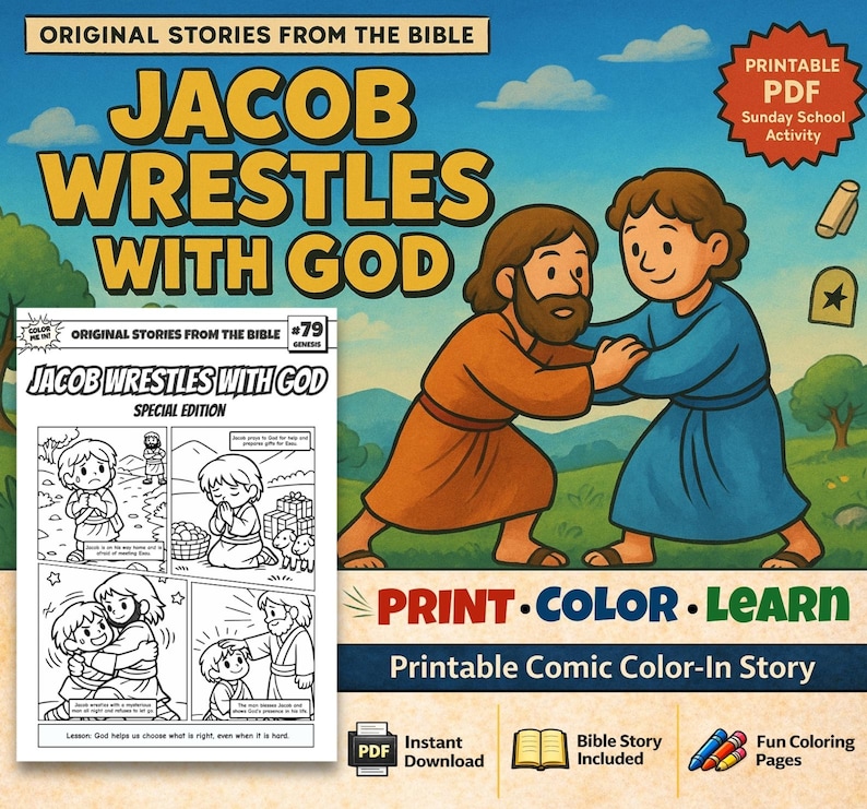 Jacob Wrestles with God Bible Comic Colouring Page: listing photo