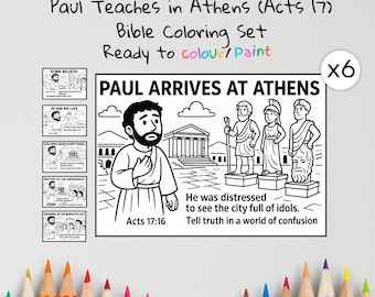 Manualidades para colorear de Pablo en Atenas / Manualidades bíblicas para niños / Hechos 17 / Hojas para colorear cristianas / Lección de escuela dominical