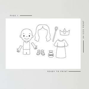 May include: Black and white printable paper doll set with a boy, hair, shoes, dress, crown, wand, and a bag labeled "FAVOR". The text "PAGE 1", "A4 SIZE PRINT", and "READY TO PRINT" are also visible.