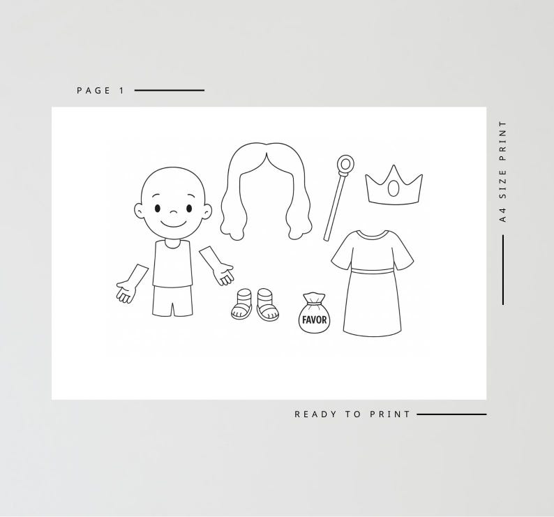 May include: Black and white printable paper doll set with a boy, hair, shoes, dress, crown, wand, and a bag labeled "FAVOR". The text "PAGE 1", "A4 SIZE PRINT", and "READY TO PRINT" are also visible.