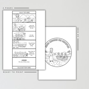 May include: Two-page ready-to-print coloring pages with black and white illustrations. One page features a circular design with the text "Jesus Chooses His Disciples." The other page has a comic strip with text and illustrations about Jesus.