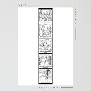 May include: Black and white illustrated A4 size print with text. The print shows a comic strip with scenes from a story, including people in prison, praying, and singing. Text includes "Paul and Silas were taken to prison" and "Ready to print."