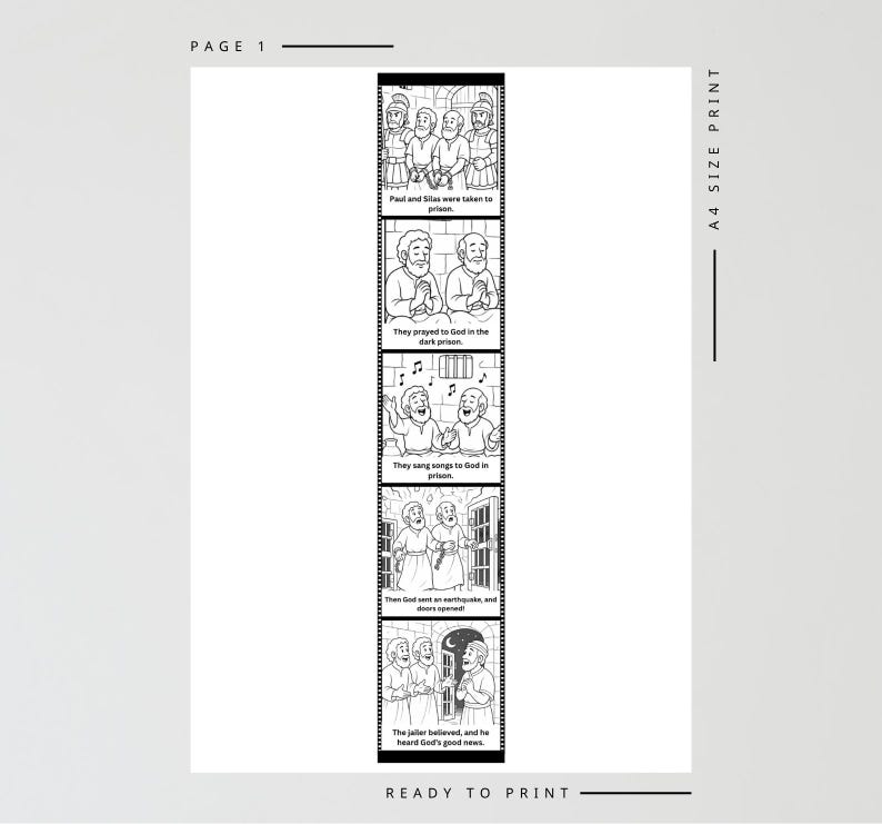 May include: Black and white illustrated A4 size print with text. The print shows a comic strip with scenes from a story, including people in prison, praying, and singing. Text includes "Paul and Silas were taken to prison" and "Ready to print."