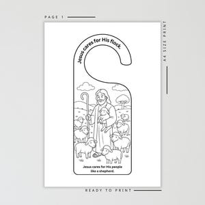K&ouml;nnte beinhalten: Schwarz-wei&szlig;er T&uuml;rh&auml;nger mit einer Zeichnung von Jesus als Hirten mit Schafen. Der Text lautet "Jesus k&uuml;mmert sich um seine Herde" und "Jesus k&uuml;mmert sich um seine Leute wie ein Hirte."