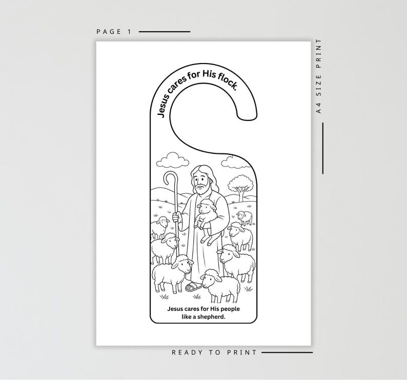 K&ouml;nnte beinhalten: Schwarz-wei&szlig;er T&uuml;rh&auml;nger mit einer Zeichnung von Jesus als Hirten mit Schafen. Der Text lautet "Jesus k&uuml;mmert sich um seine Herde" und "Jesus k&uuml;mmert sich um seine Leute wie ein Hirte."
