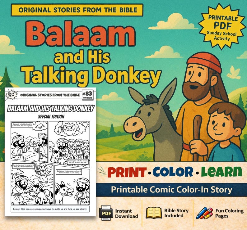Balaam and His Talking Donkey Bible Comic Colouring Page for Kids: listing photo
