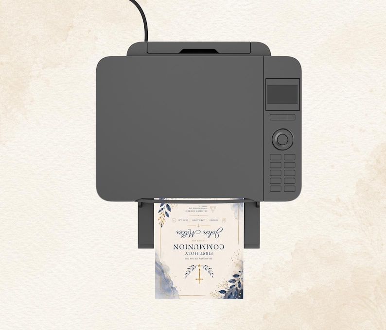 May include: A gray printer printing a First Holy Communion invitation. The invitation features a watercolor design with blue and gold accents, the name "John Miller", and a cross.