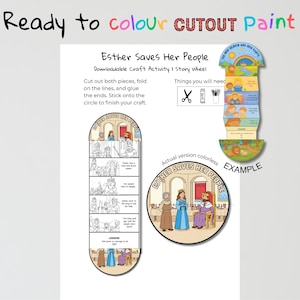 Puede incluir: Una actividad artesanal descargable con el texto "Esther Saves Her People". La imagen incluye una rueda de historias con ilustraciones e instrucciones para cortar, doblar y pegar. Las palabras "Ready to colour CUTOUT Paint" están en la parte superior.