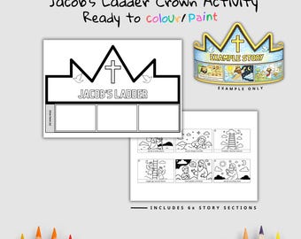 May include: A black and white "Jacob's Ladder" crown activity set, ready to color or paint. Includes a crown template with the text "Jacob's Ladder" and an example crown. Also includes 6 story sections.