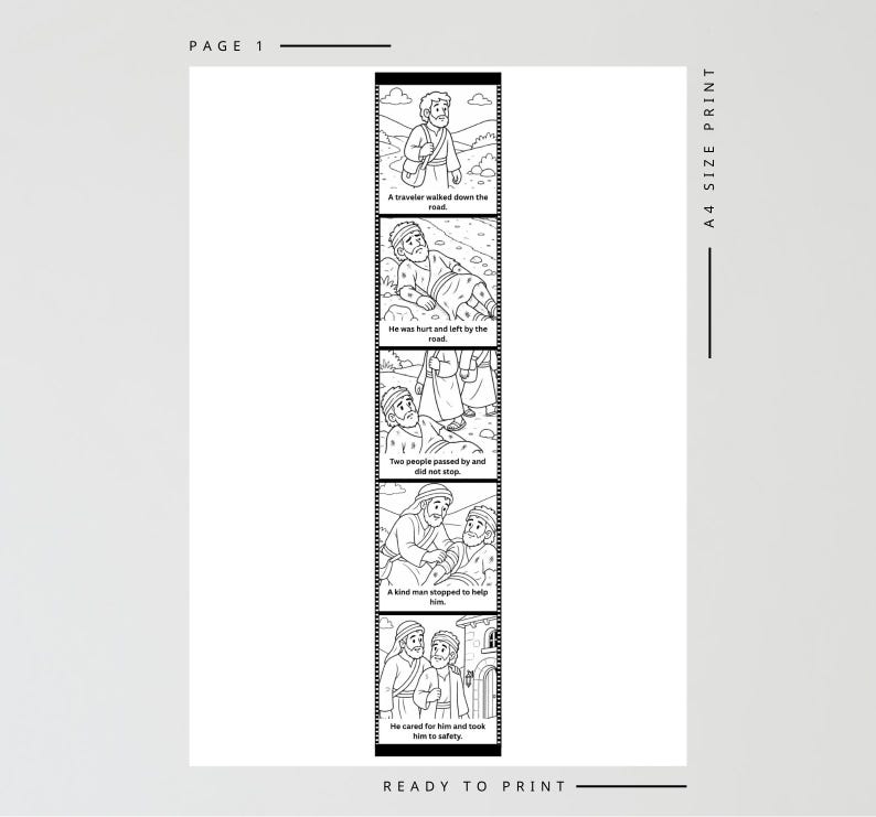 Puede incluir: Tira c&oacute;mica ilustrada en blanco y negro con texto. La tira cuenta la historia de un viajero, su lesi&oacute;n y la amabilidad de un extra&ntilde;o. El texto incluye "Un viajero caminaba por el camino" y "Fue herido y abandonado al borde del camino."