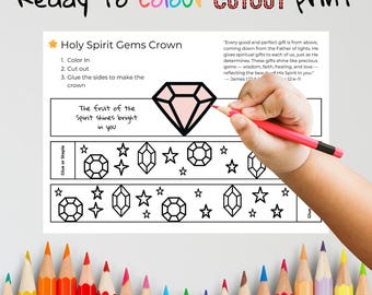 Holy Spirit Gems Crown – Bible Craft for Kids – Sunday School Printable – Church Craft – Scripture Activity for Pentecost