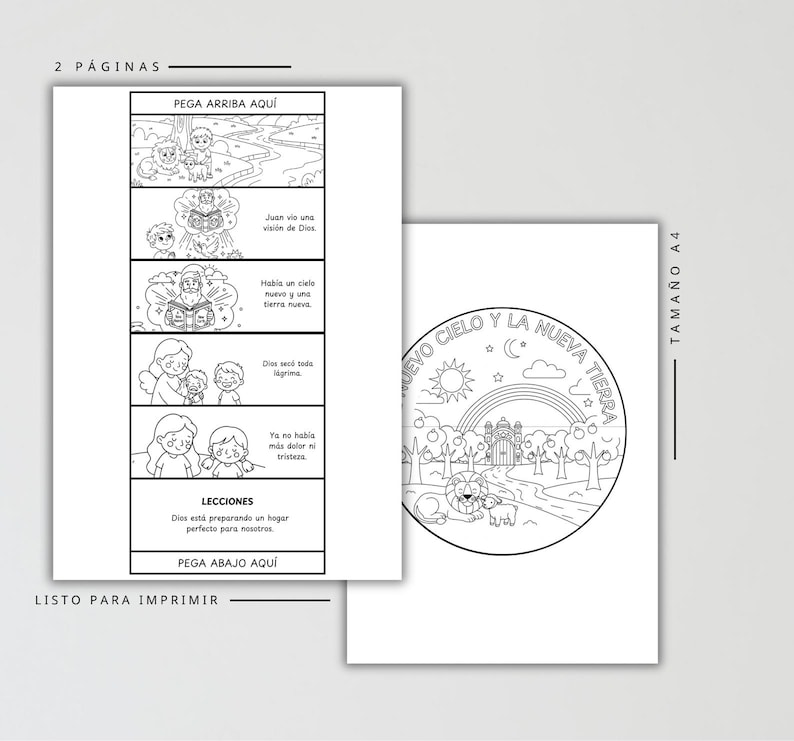 K&ouml;nnte beinhalten: Zwei bedruckbare Malvorlagen mit Schwarz-Wei&szlig;-Illustrationen. Eine Seite zeigt ein kreisf&ouml;rmiges Design mit Regenbogen, Sonne und Text. Die andere Seite hat sequentielle Panels mit Text und Zeichnungen. Der Text enth&auml;lt S&auml;tze wie "Neuer Himmel und neue Erde".