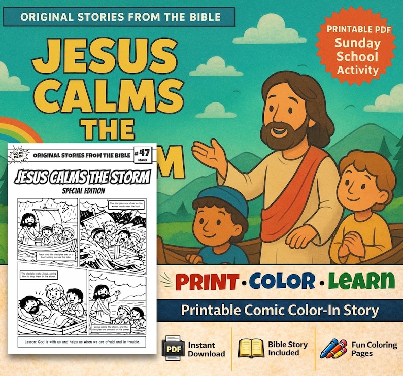 Jesus Calms the Storm Bible Comic Colouring Page: listing photo