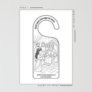 K&ouml;nnte beinhalten: Schwarz-wei&szlig;er T&uuml;rh&auml;nger mit einer biblischen Illustration. Der Text lautet "Gott gebraucht Mut zum Retten." und "Esther spricht mutig, um ihr Volk zu retten." Das Design ist druckfertig, A4-Format.