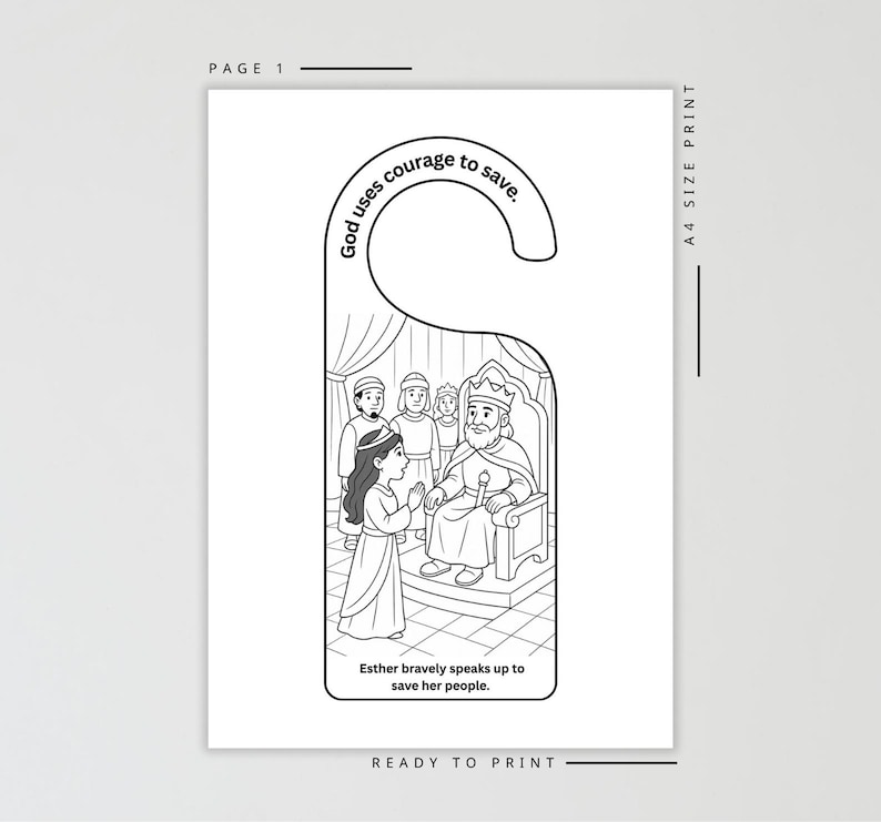 K&ouml;nnte beinhalten: Schwarz-wei&szlig;er T&uuml;rh&auml;nger mit einer biblischen Illustration. Der Text lautet "Gott gebraucht Mut zum Retten." und "Esther spricht mutig, um ihr Volk zu retten." Das Design ist druckfertig, A4-Format.