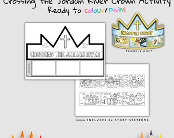 Può includere: Foglio di attività in bianco e nero con la scritta "Crossing the Jordan River" e un disegno a corona. Include un esempio di corona e sei sezioni di storie da colorare. Pronto per colorare o dipingere.