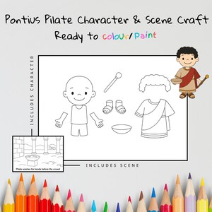 May include: A craft kit with a Pontius Pilate character and scene, designed for colouring or painting. The kit includes a character with costume elements, a scene of Pilate washing his hands, and the text "Ready to colour/Paint".