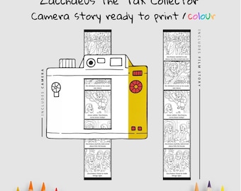 Könnte beinhalten: Eine weiß-gelbe illustrierte Kamera mit dem Text "Zacchaeus the Tax Collector Camera story ready to print / colour". Die Kamera enthält einen Filmstreifen mit Schwarz-Weiß-Illustrationen einer Geschichte.