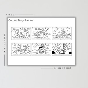 Puede incluir: Escenas de historias recortadas ilustradas en blanco y negro sobre un fondo blanco. Las escenas representan una historia b&iacute;blica con texto debajo de cada escena. El texto incluye frases como "Un hijo exige su herencia temprano" y "Dios muestra misericordia, incluso a los pecadores."