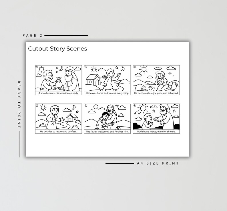 Puede incluir: Escenas de historias recortadas ilustradas en blanco y negro sobre un fondo blanco. Las escenas representan una historia b&iacute;blica con texto debajo de cada escena. El texto incluye frases como "Un hijo exige su herencia temprano" y "Dios muestra misericordia, incluso a los pecadores."