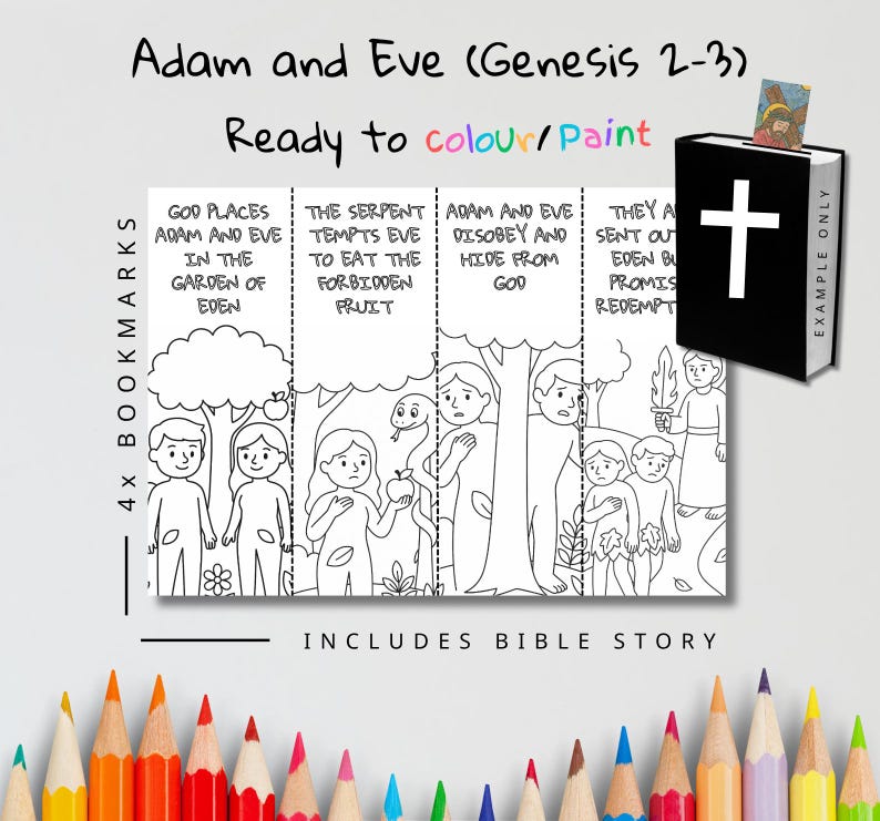 Adam and Eve Bible Story Colouring Bookmarks: listing photo